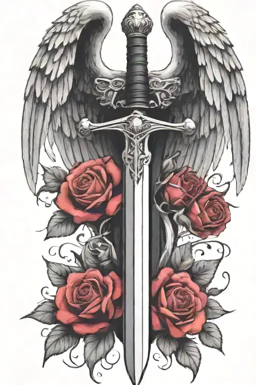 Angel Wings with Sword and Roses - Popular tattoo idea for men